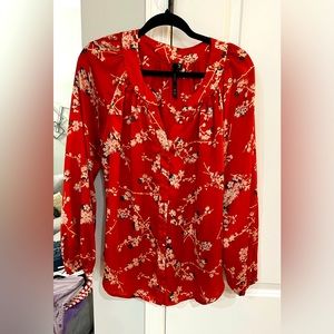 BELLATRIX Women's Orange Floral Blouse Long Sleeve V Neck Silky Size L, NWOT